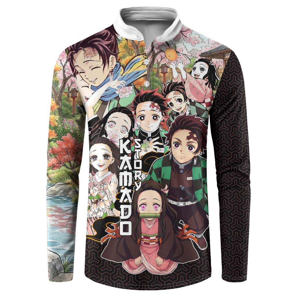 Kamado Siblings Demon Slayer Collage Design Button Sweatshirt with Tanjiro and Nezuko in Scenic Background - The Mazicc