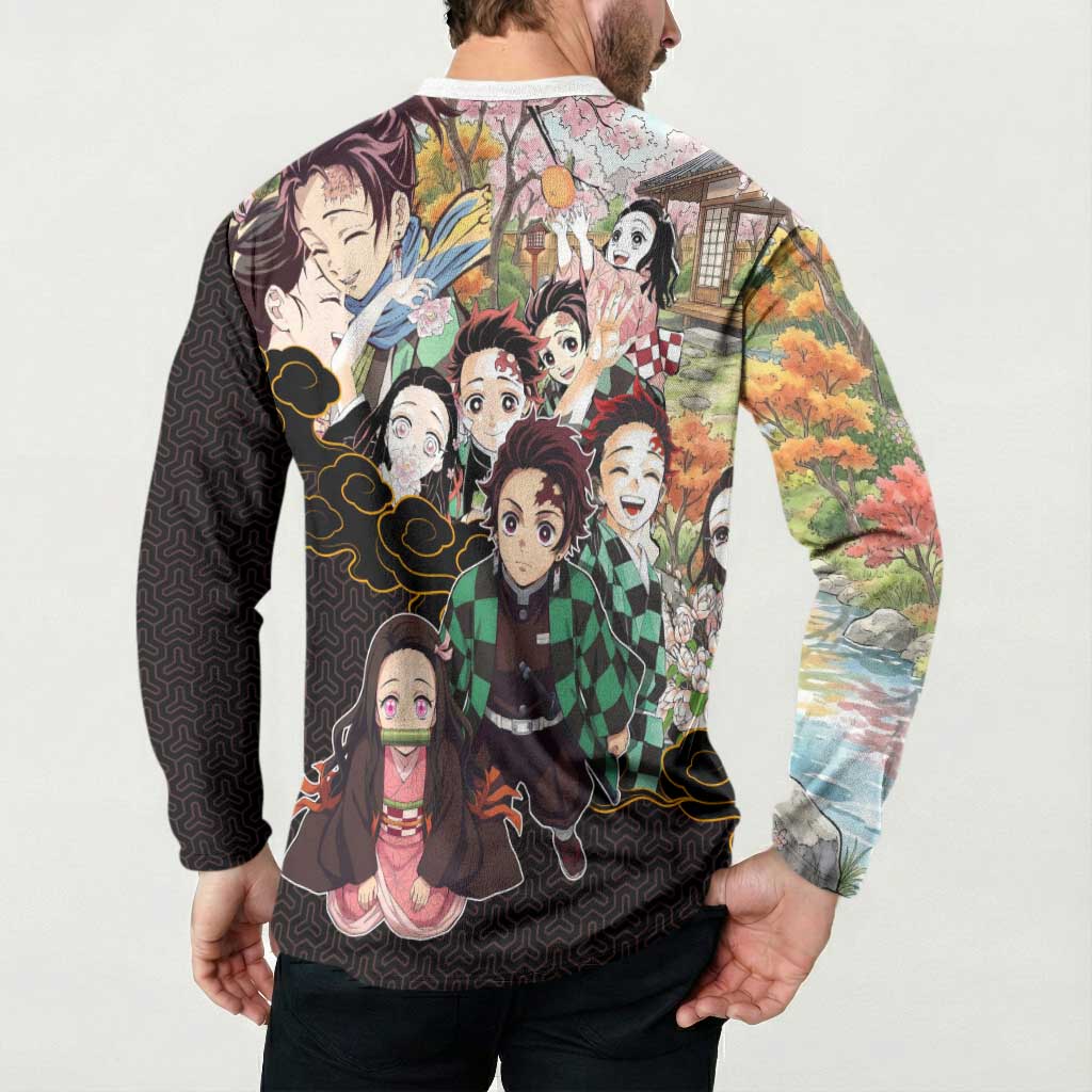 Kamado Siblings Demon Slayer Collage Design Button Sweatshirt with Tanjiro and Nezuko in Scenic Background - The Mazicc