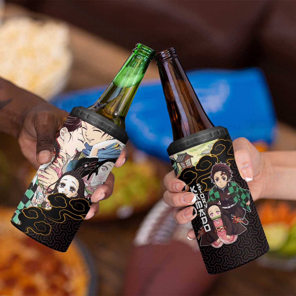 Kamado Siblings Demon Slayer Collage Design 4 in 1 Can Cooler Tumbler with Tanjiro and Nezuko in Scenic Background - The Mazicc