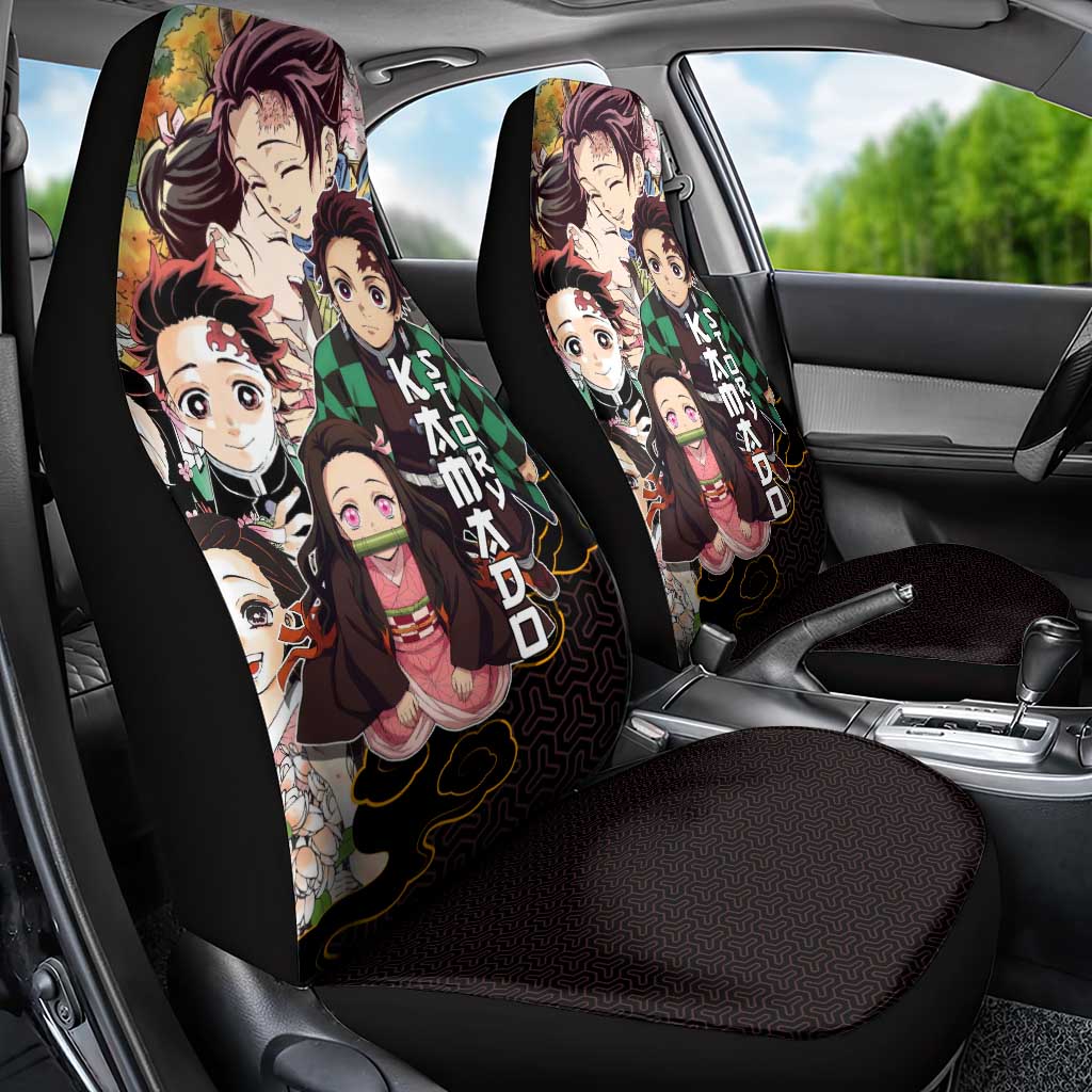 Kamado Siblings Demon Slayer Collage Design Car Seat Cover with Tanjiro and Nezuko in Scenic Background - The Mazicc