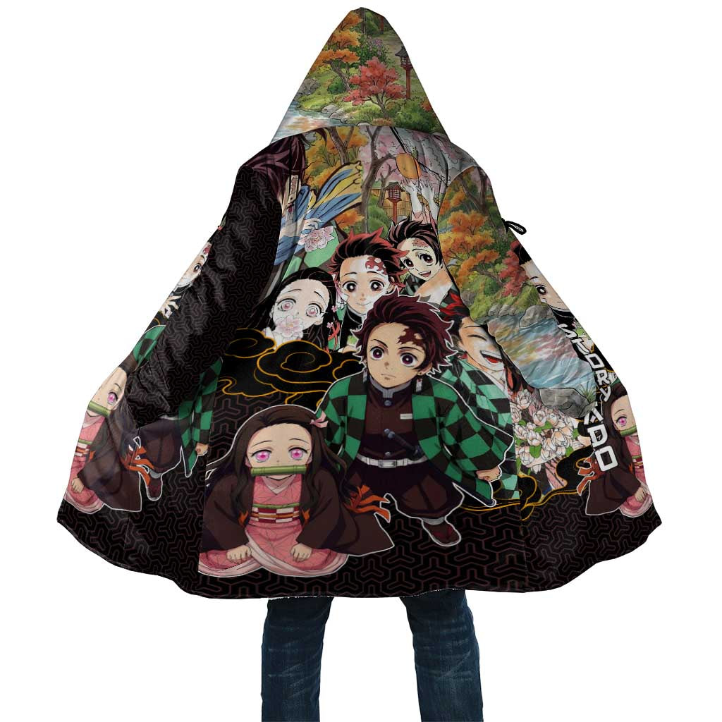 Kamado Siblings Demon Slayer Collage Design Cloak with Tanjiro and Nezuko in Scenic Background - The Mazicc
