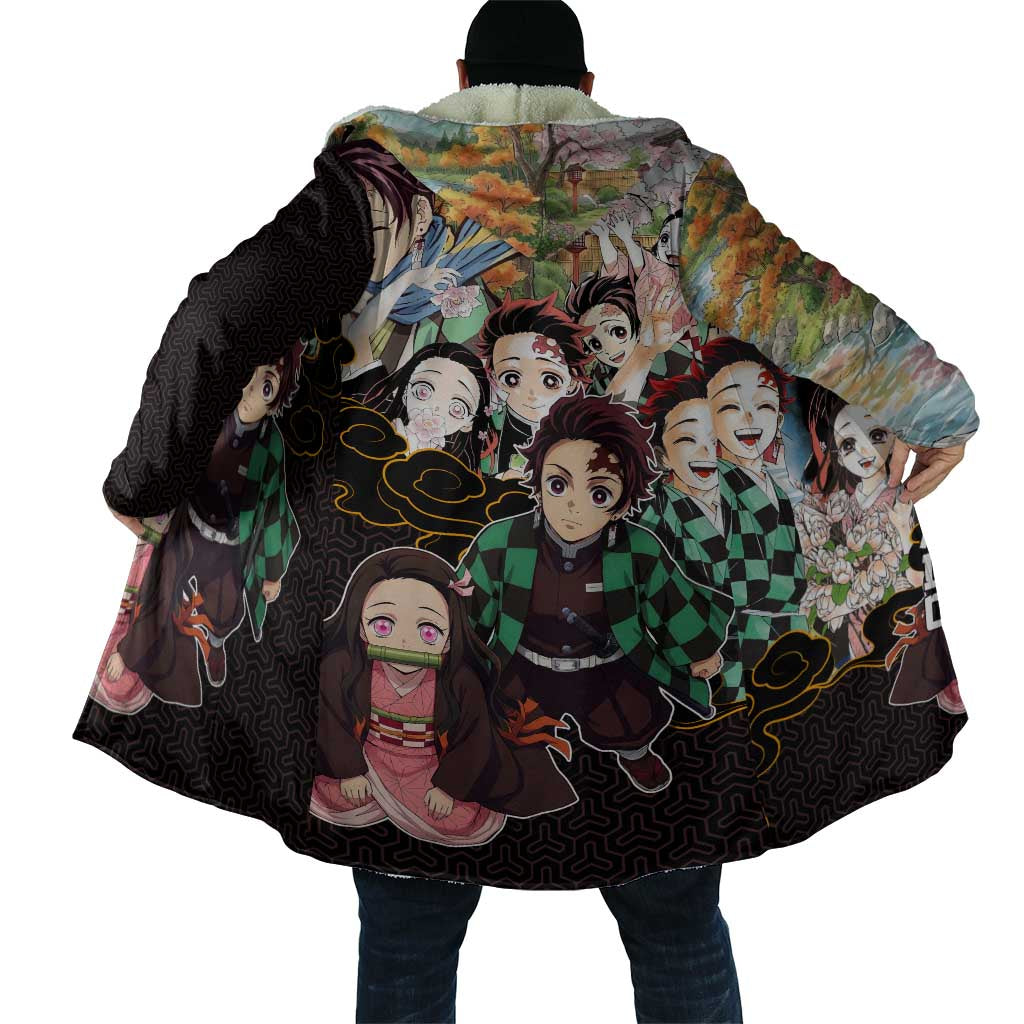 Kamado Siblings Demon Slayer Collage Design Cloak with Tanjiro and Nezuko in Scenic Background - The Mazicc