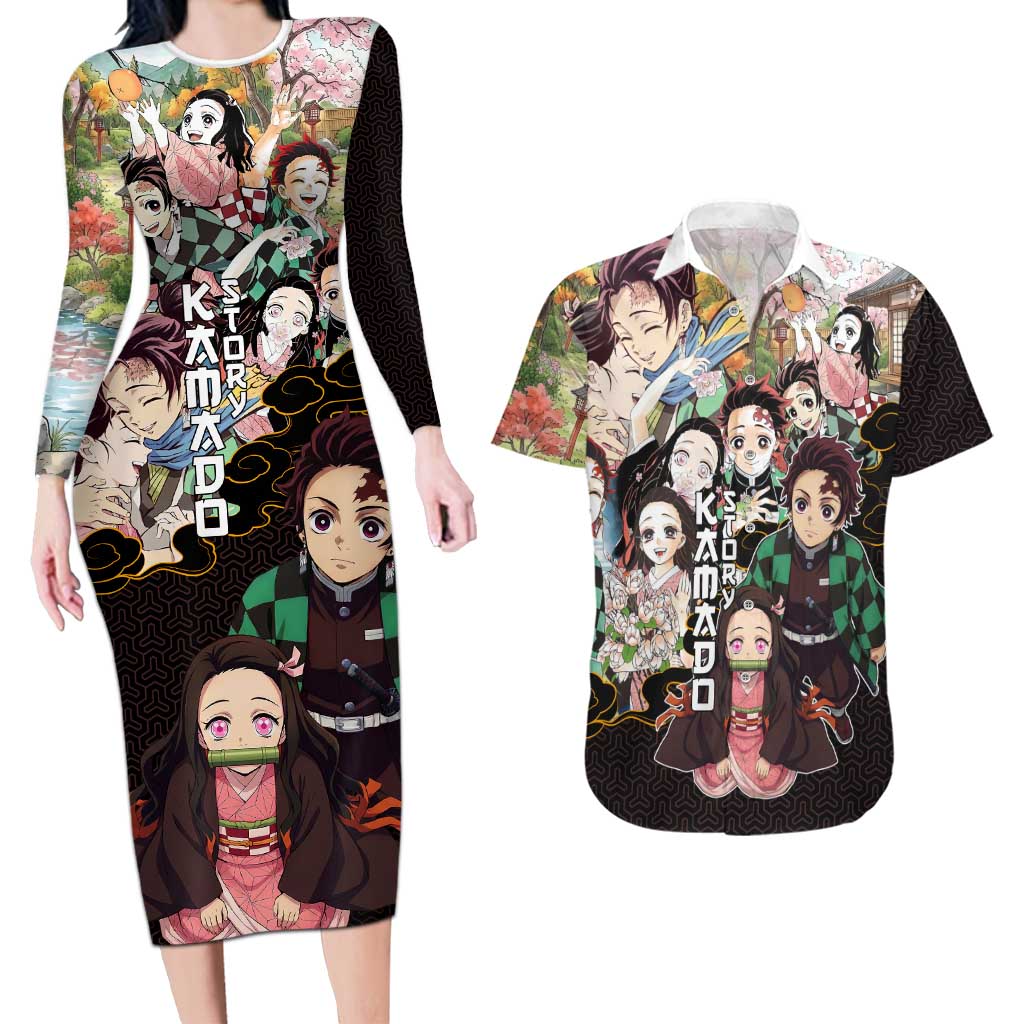Kamado Siblings Demon Slayer Collage Design Couples Matching Long Sleeve Bodycon Dress and Hawaiian Shirt with Tanjiro and Nezuko in Scenic Background - The Mazicc