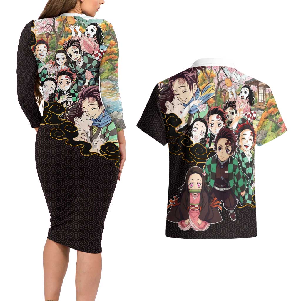 Kamado Siblings Demon Slayer Collage Design Couples Matching Long Sleeve Bodycon Dress and Hawaiian Shirt with Tanjiro and Nezuko in Scenic Background - The Mazicc