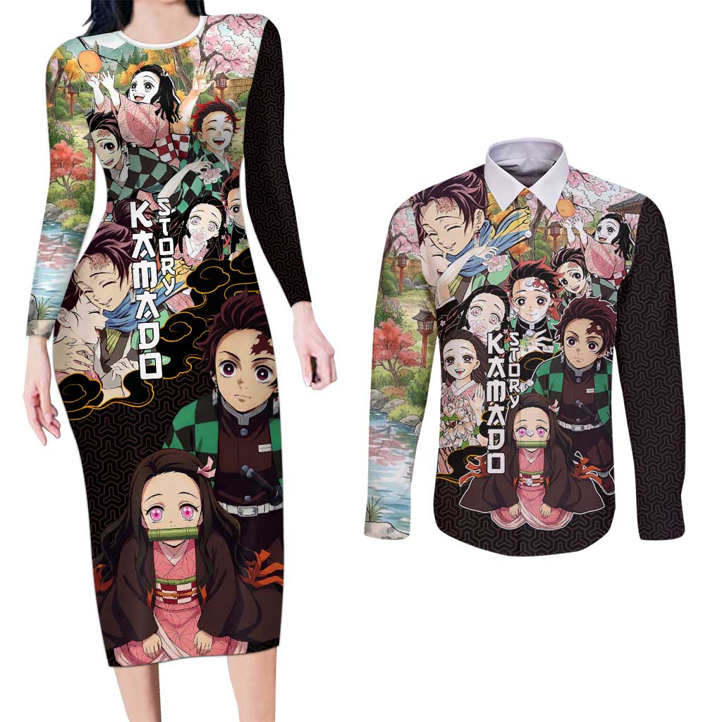 Kamado Siblings Demon Slayer Collage Design Couples Matching Long Sleeve Bodycon Dress and Long Sleeve Button Shirt with Tanjiro and Nezuko in Scenic Background - The Mazicc