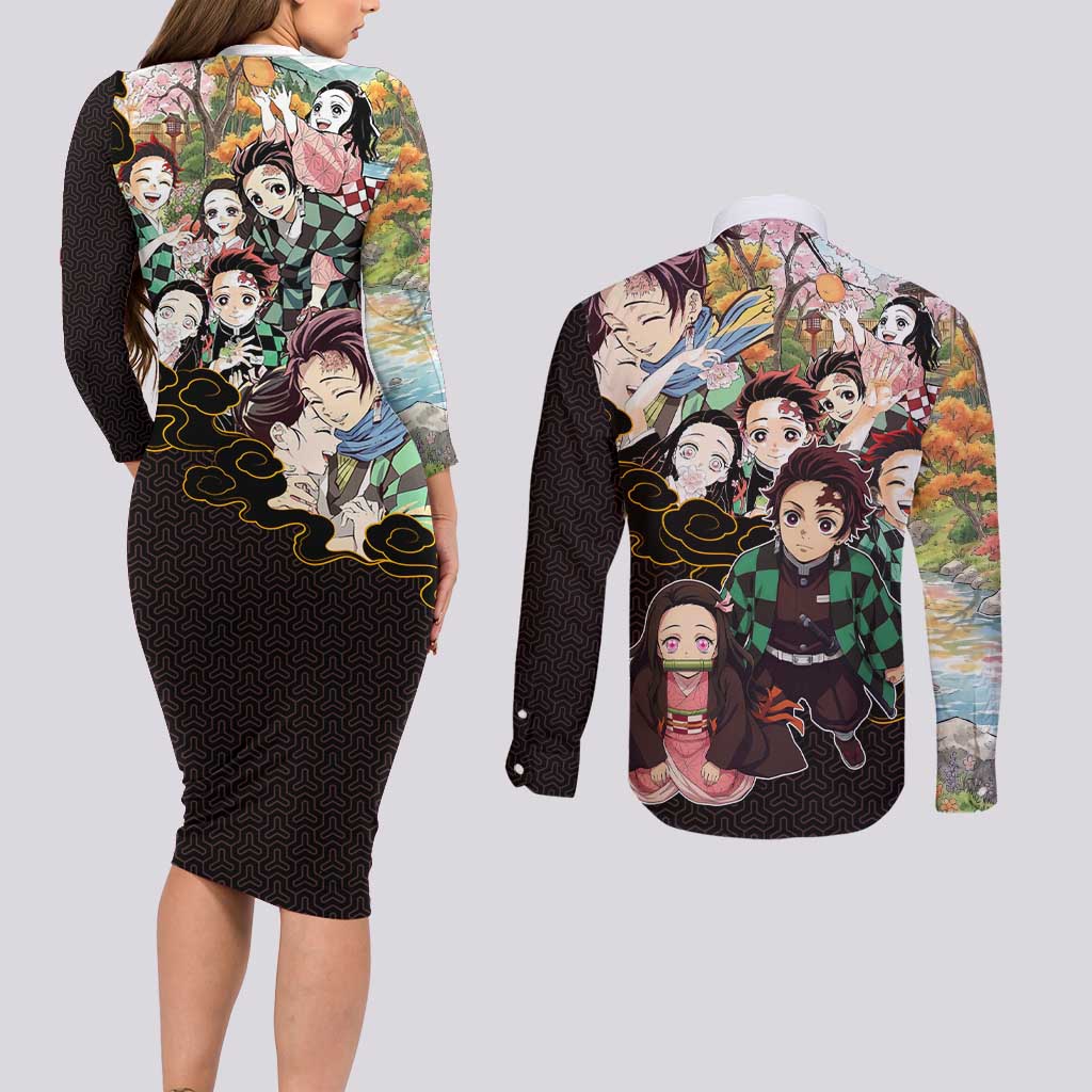 Kamado Siblings Demon Slayer Collage Design Couples Matching Long Sleeve Bodycon Dress and Long Sleeve Button Shirt with Tanjiro and Nezuko in Scenic Background - The Mazicc