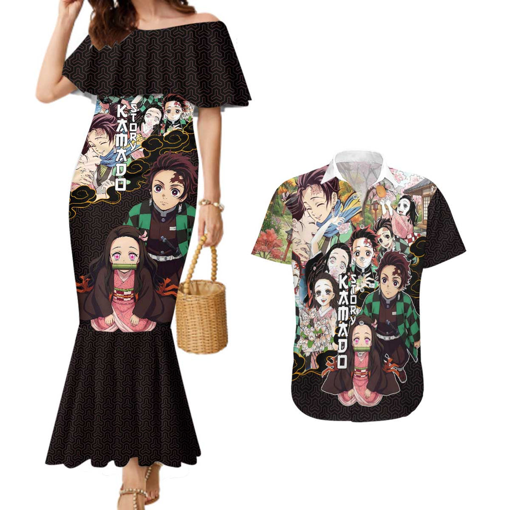 Kamado Siblings Demon Slayer Collage Design Couples Matching Mermaid Dress and Hawaiian Shirt with Tanjiro and Nezuko in Scenic Background - The Mazicc