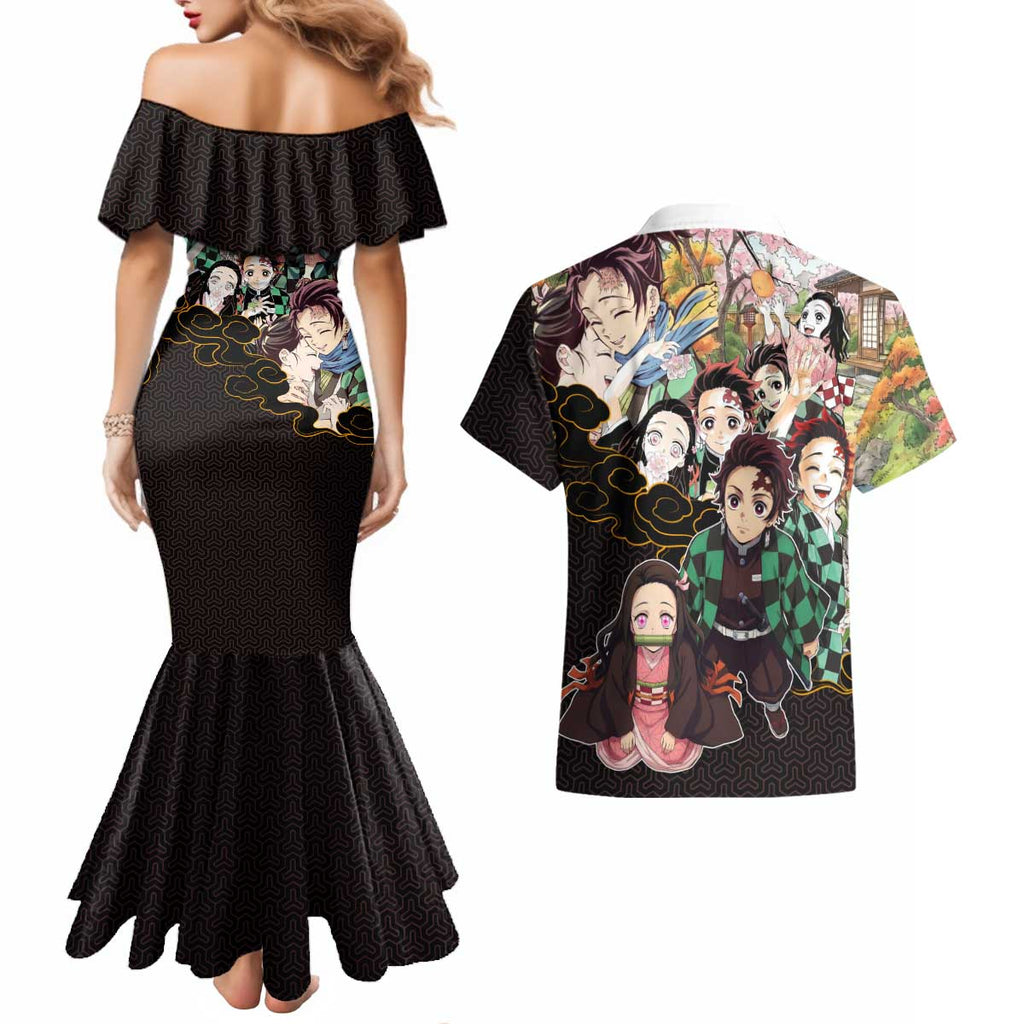 Kamado Siblings Demon Slayer Collage Design Couples Matching Mermaid Dress and Hawaiian Shirt with Tanjiro and Nezuko in Scenic Background - The Mazicc