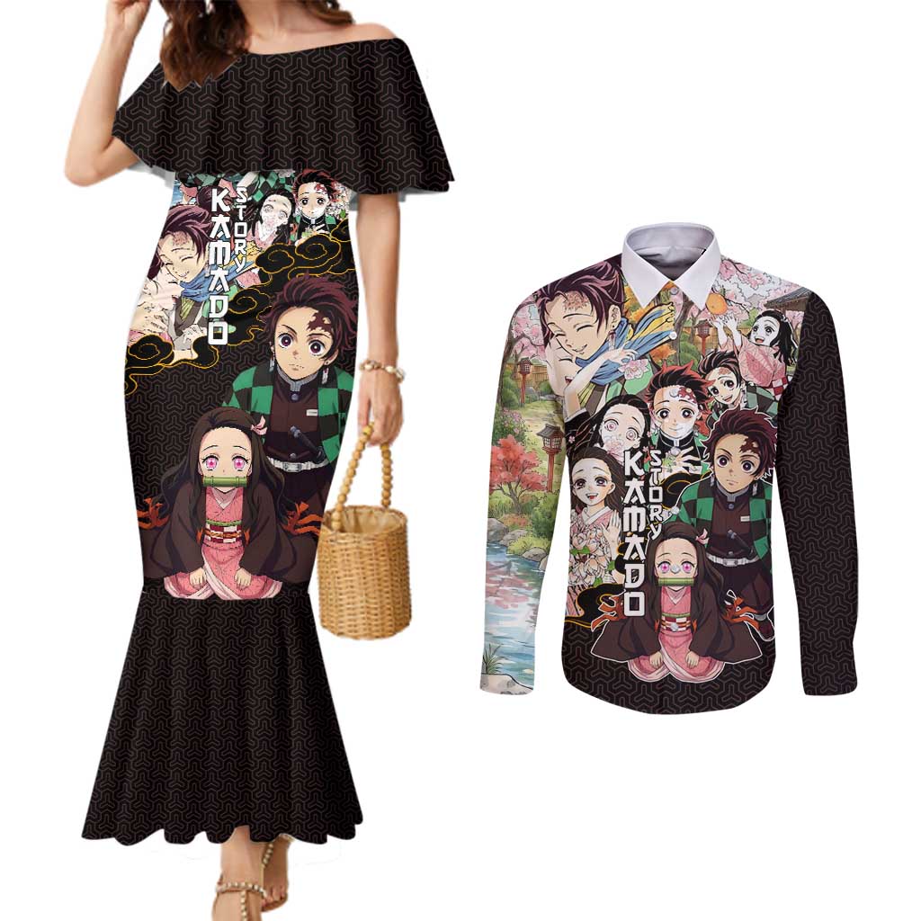 Kamado Siblings Demon Slayer Collage Design Couples Matching Mermaid Dress and Long Sleeve Button Shirt with Tanjiro and Nezuko in Scenic Background - The Mazicc