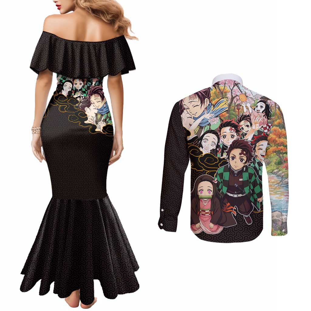Kamado Siblings Demon Slayer Collage Design Couples Matching Mermaid Dress and Long Sleeve Button Shirt with Tanjiro and Nezuko in Scenic Background - The Mazicc