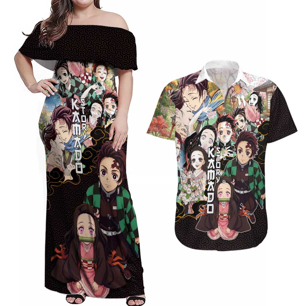 Kamado Siblings Demon Slayer Collage Design Couples Matching Off Shoulder Maxi Dress and Hawaiian Shirt with Tanjiro and Nezuko in Scenic Background - The Mazicc