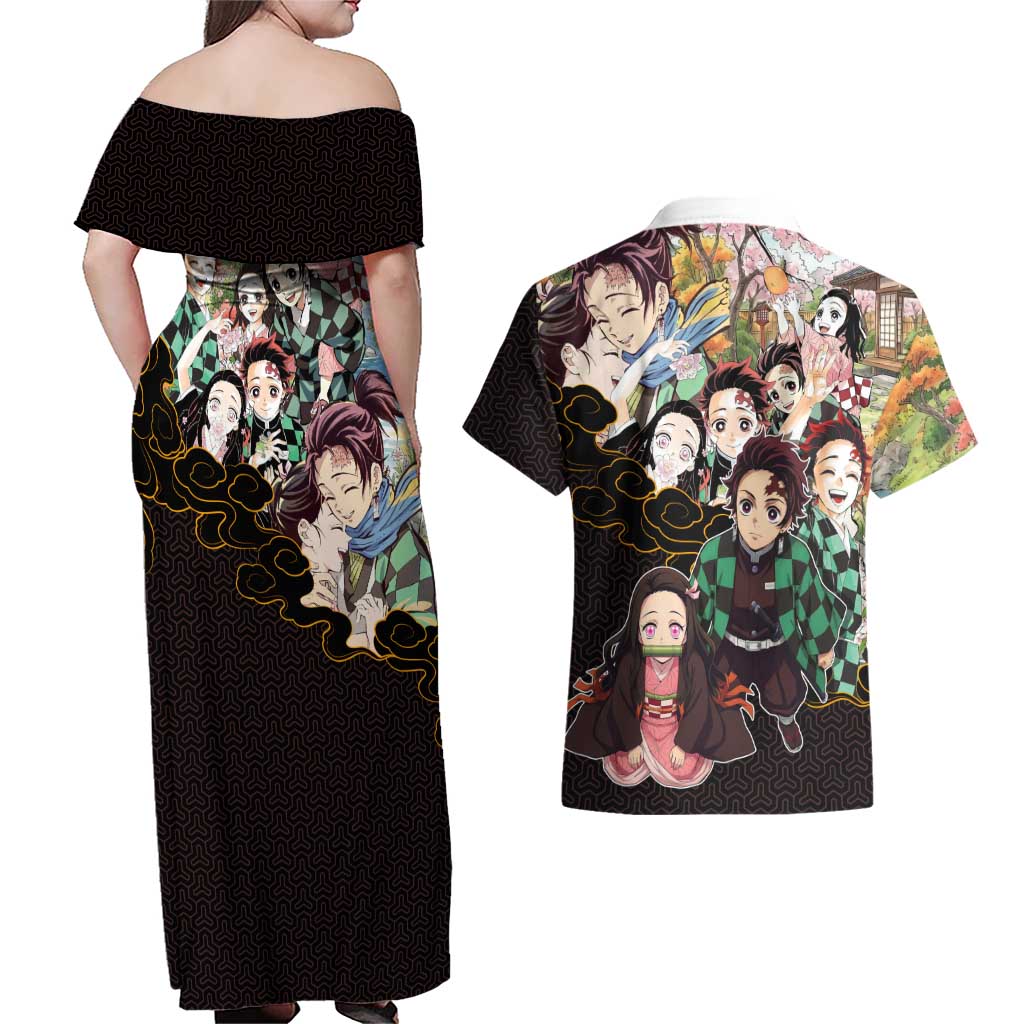 Kamado Siblings Demon Slayer Collage Design Couples Matching Off Shoulder Maxi Dress and Hawaiian Shirt with Tanjiro and Nezuko in Scenic Background - The Mazicc