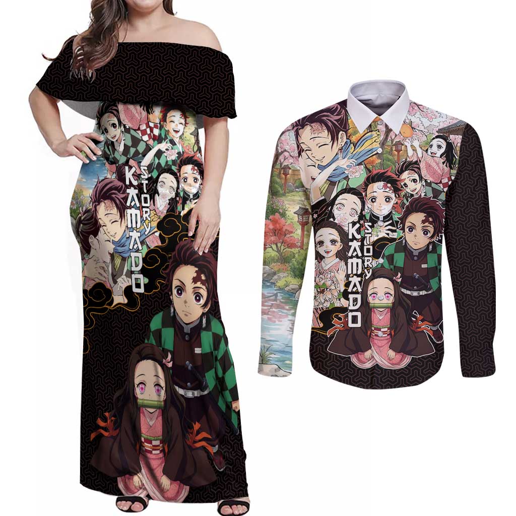 Kamado Siblings Demon Slayer Collage Design Couples Matching Off Shoulder Maxi Dress and Long Sleeve Button Shirt with Tanjiro and Nezuko in Scenic Background - The Mazicc
