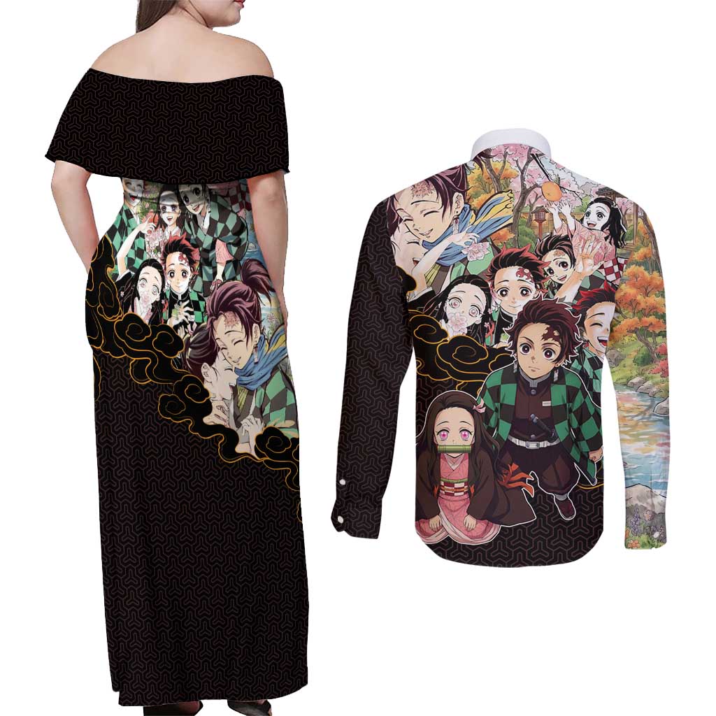 Kamado Siblings Demon Slayer Collage Design Couples Matching Off Shoulder Maxi Dress and Long Sleeve Button Shirt with Tanjiro and Nezuko in Scenic Background - The Mazicc