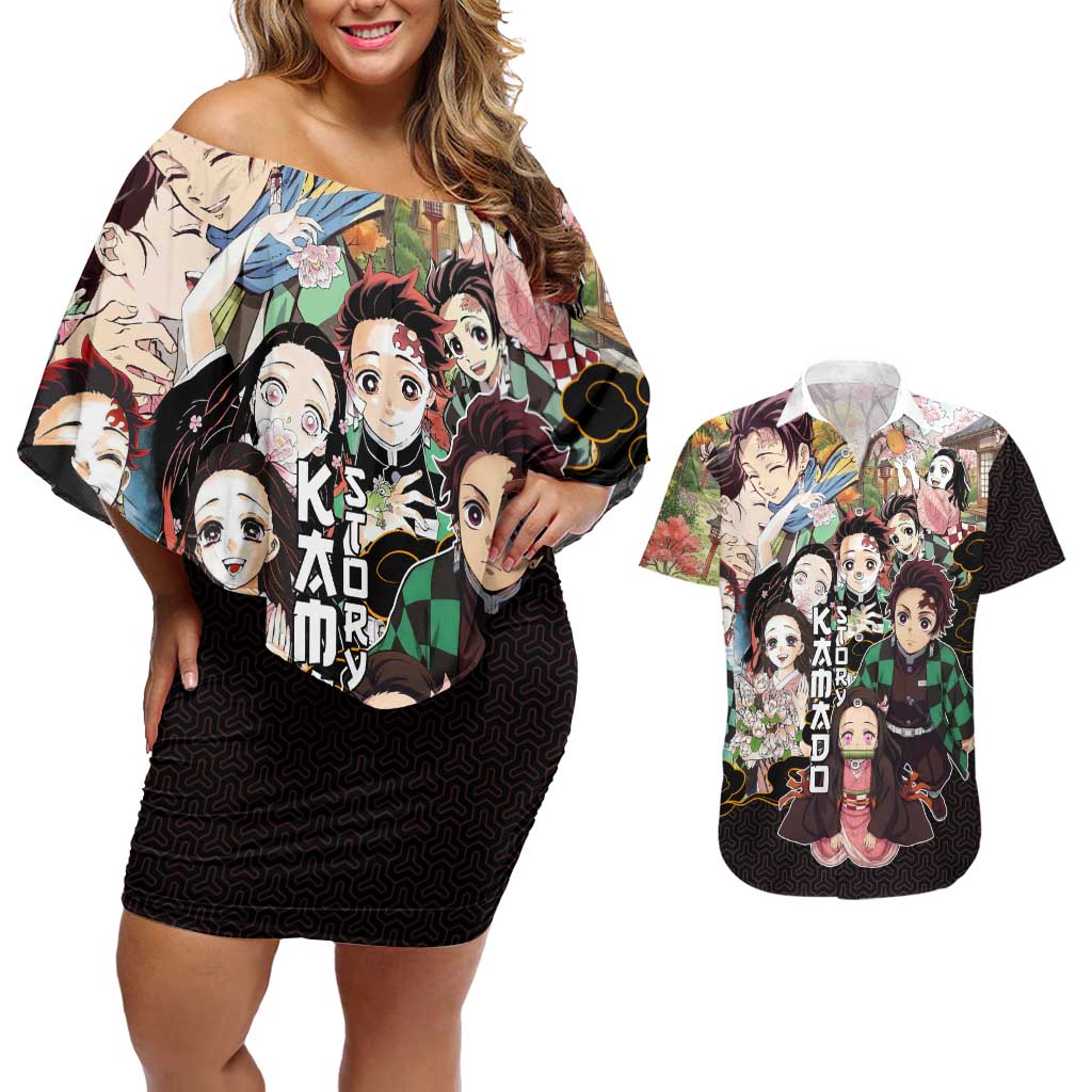 Kamado Siblings Demon Slayer Collage Design Couples Matching Off Shoulder Short Dress and Hawaiian Shirt with Tanjiro and Nezuko in Scenic Background - The Mazicc