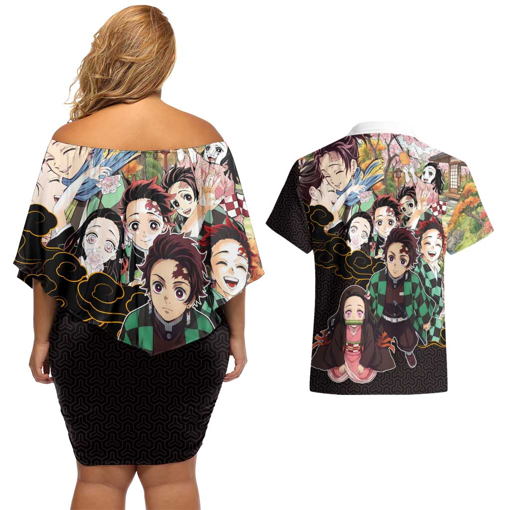Kamado Siblings Demon Slayer Collage Design Couples Matching Off Shoulder Short Dress and Hawaiian Shirt with Tanjiro and Nezuko in Scenic Background - The Mazicc