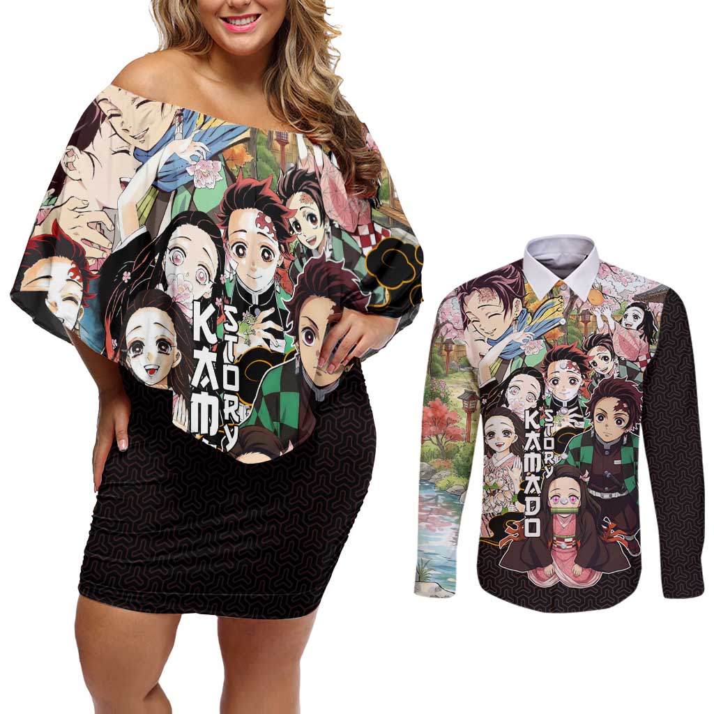 Kamado Siblings Demon Slayer Collage Design Couples Matching Off Shoulder Short Dress and Long Sleeve Button Shirt with Tanjiro and Nezuko in Scenic Background - The Mazicc