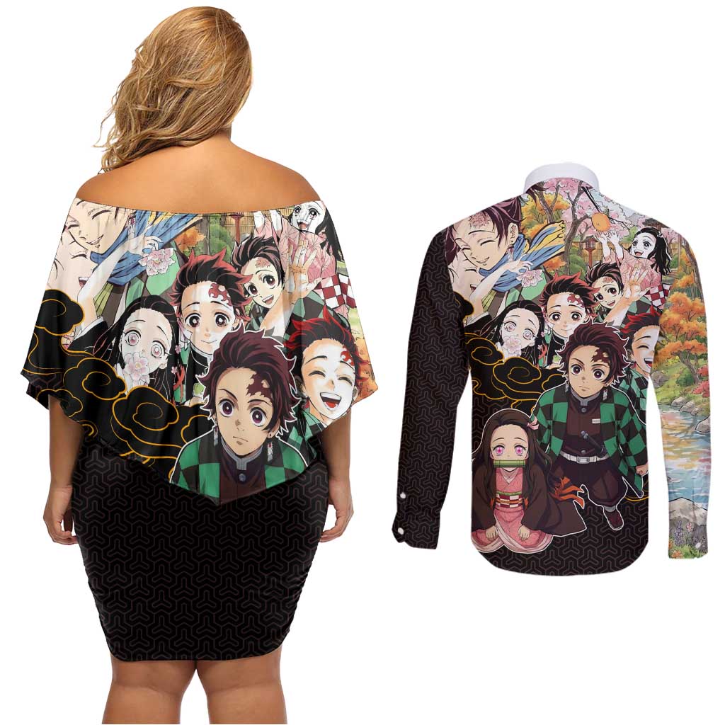 Kamado Siblings Demon Slayer Collage Design Couples Matching Off Shoulder Short Dress and Long Sleeve Button Shirt with Tanjiro and Nezuko in Scenic Background - The Mazicc