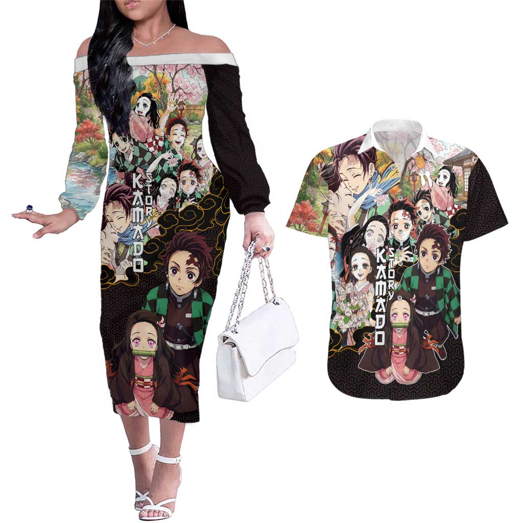 Kamado Siblings Demon Slayer Collage Design Couples Matching Off The Shoulder Long Sleeve Dress and Hawaiian Shirt with Tanjiro and Nezuko in Scenic Background - The Mazicc