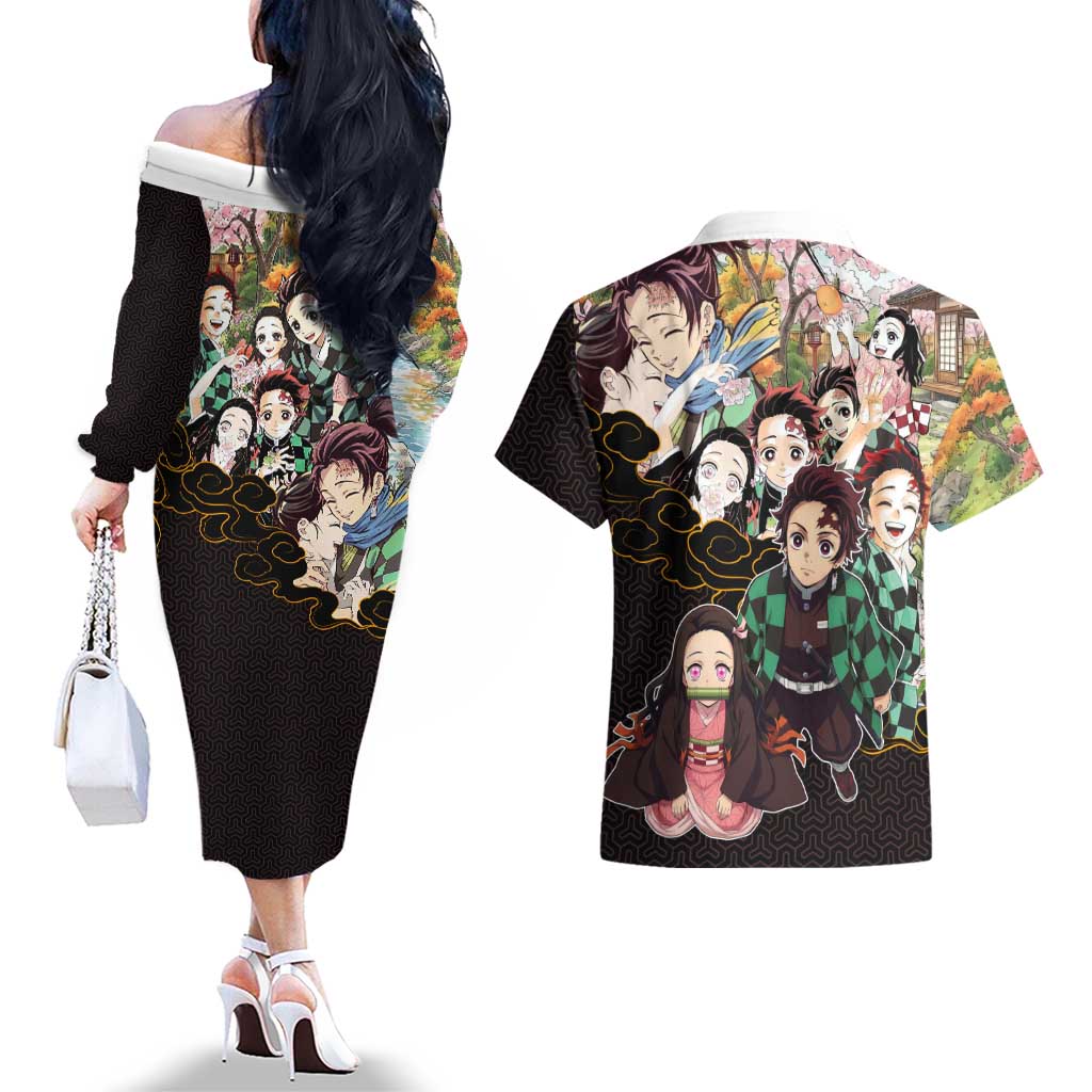 Kamado Siblings Demon Slayer Collage Design Couples Matching Off The Shoulder Long Sleeve Dress and Hawaiian Shirt with Tanjiro and Nezuko in Scenic Background - The Mazicc