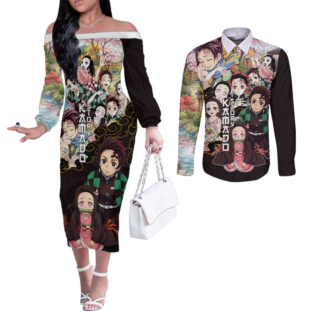 Kamado Siblings Demon Slayer Collage Design Couples Matching Off The Shoulder Long Sleeve Dress and Long Sleeve Button Shirt with Tanjiro and Nezuko in Scenic Background - The Mazicc