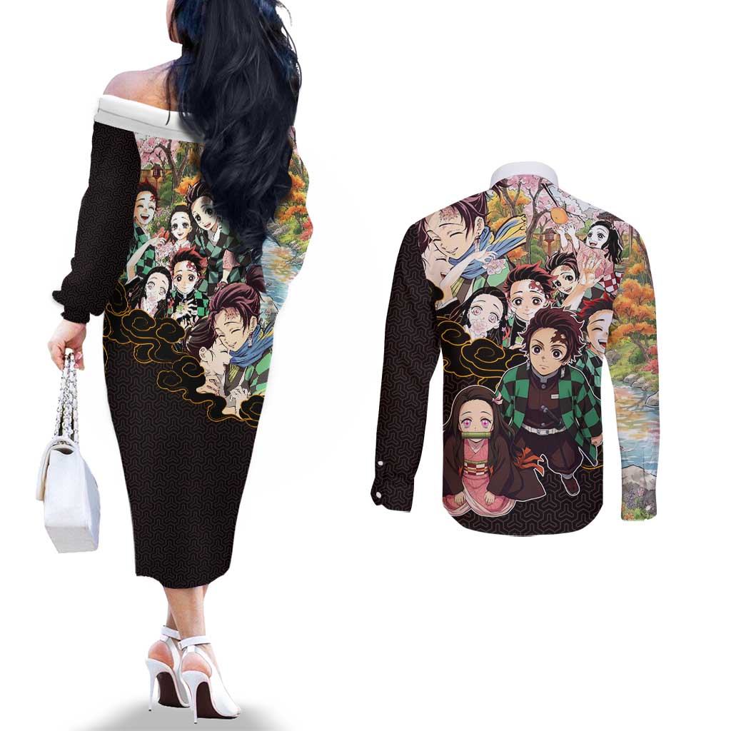 Kamado Siblings Demon Slayer Collage Design Couples Matching Off The Shoulder Long Sleeve Dress and Long Sleeve Button Shirt with Tanjiro and Nezuko in Scenic Background - The Mazicc