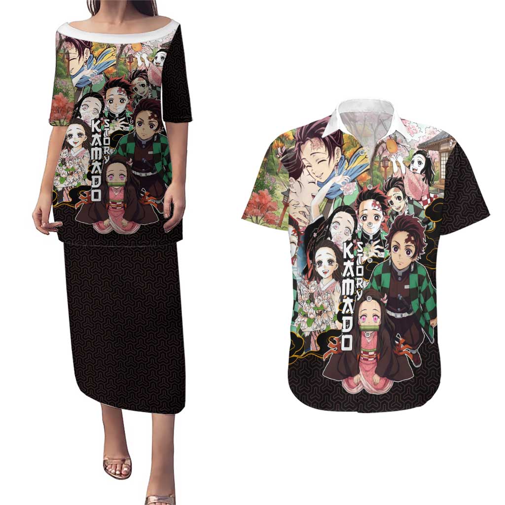 Kamado Siblings Demon Slayer Collage Design Couples Matching Puletasi and Hawaiian Shirt with Tanjiro and Nezuko in Scenic Background - The Mazicc