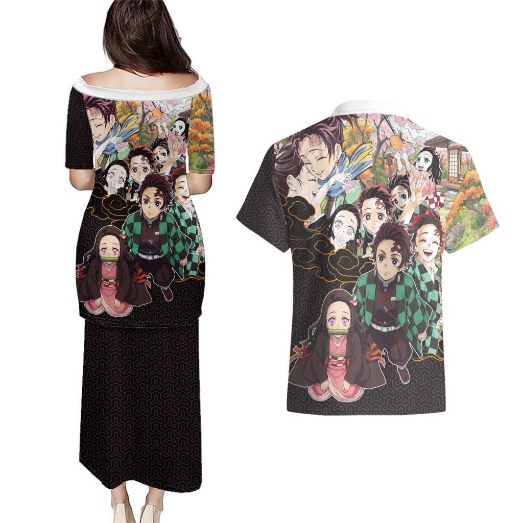 Kamado Siblings Demon Slayer Collage Design Couples Matching Puletasi and Hawaiian Shirt with Tanjiro and Nezuko in Scenic Background - The Mazicc