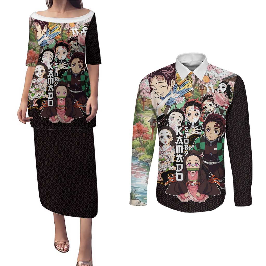 Kamado Siblings Demon Slayer Collage Design Couples Matching Puletasi and Long Sleeve Button Shirt with Tanjiro and Nezuko in Scenic Background - The Mazicc