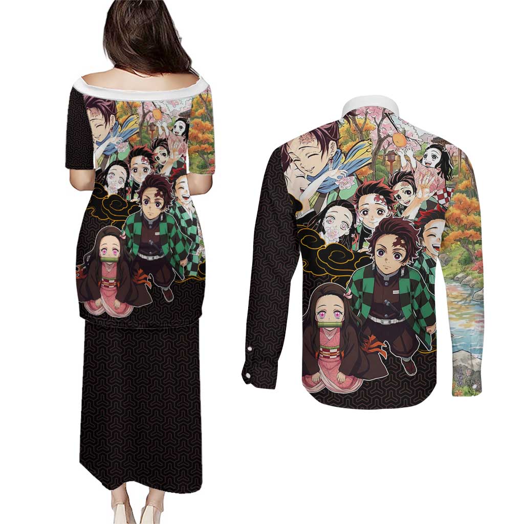 Kamado Siblings Demon Slayer Collage Design Couples Matching Puletasi and Long Sleeve Button Shirt with Tanjiro and Nezuko in Scenic Background - The Mazicc