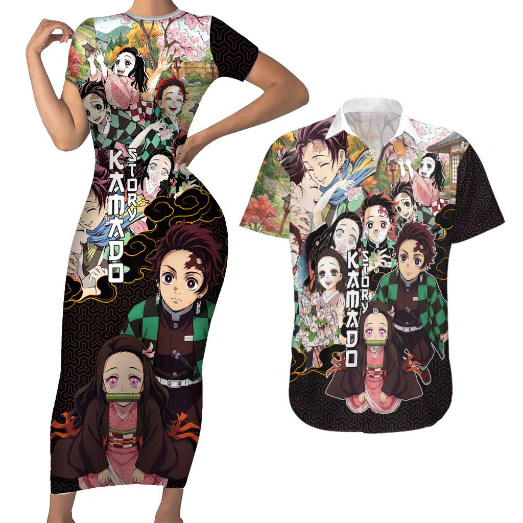 Kamado Siblings Demon Slayer Collage Design Couples Matching Short Sleeve Bodycon Dress and Hawaiian Shirt with Tanjiro and Nezuko in Scenic Background - The Mazicc
