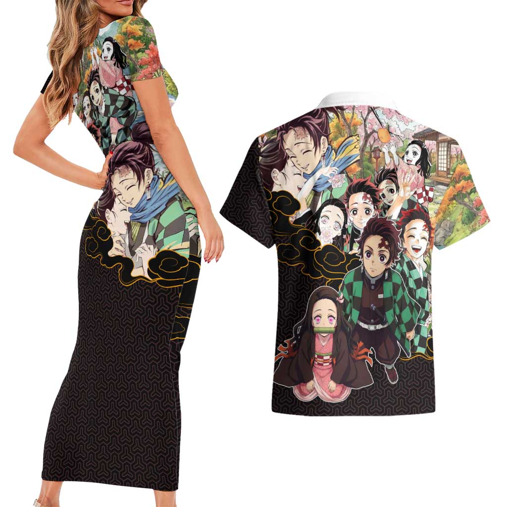 Kamado Siblings Demon Slayer Collage Design Couples Matching Short Sleeve Bodycon Dress and Hawaiian Shirt with Tanjiro and Nezuko in Scenic Background - The Mazicc