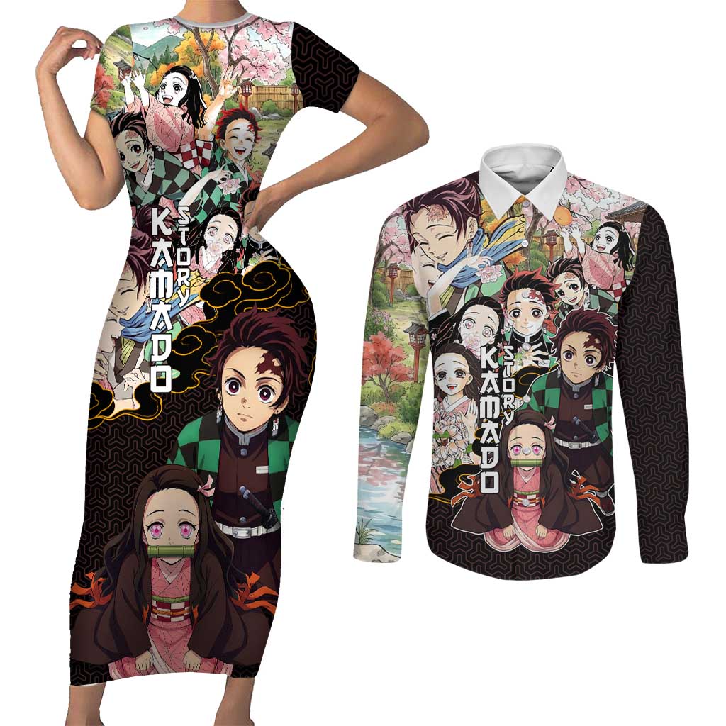 Kamado Siblings Demon Slayer Collage Design Couples Matching Short Sleeve Bodycon Dress and Long Sleeve Button Shirt with Tanjiro and Nezuko in Scenic Background - The Mazicc