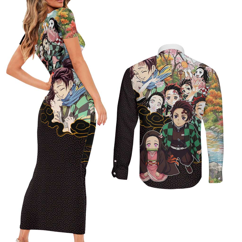 Kamado Siblings Demon Slayer Collage Design Couples Matching Short Sleeve Bodycon Dress and Long Sleeve Button Shirt with Tanjiro and Nezuko in Scenic Background - The Mazicc