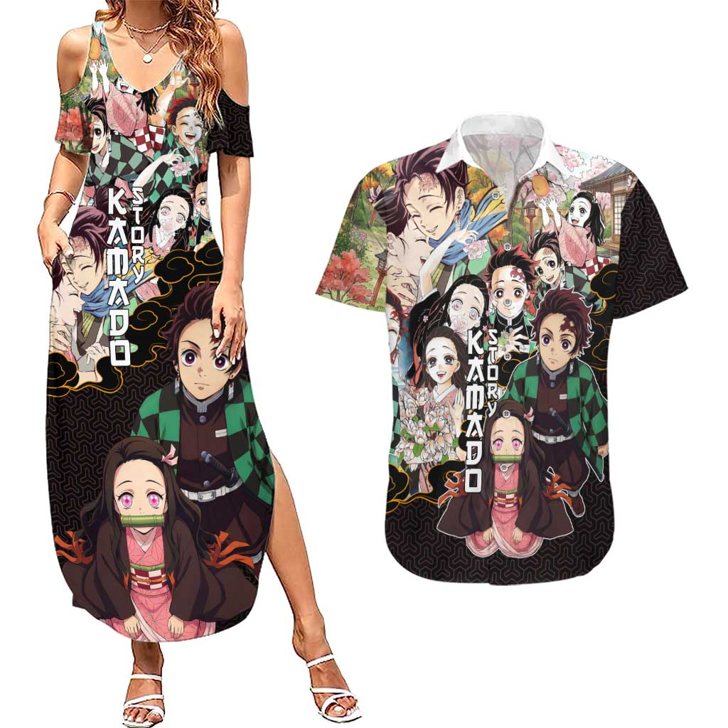 Kamado Siblings Demon Slayer Collage Design Couples Matching Summer Maxi Dress and Hawaiian Shirt with Tanjiro and Nezuko in Scenic Background - The Mazicc