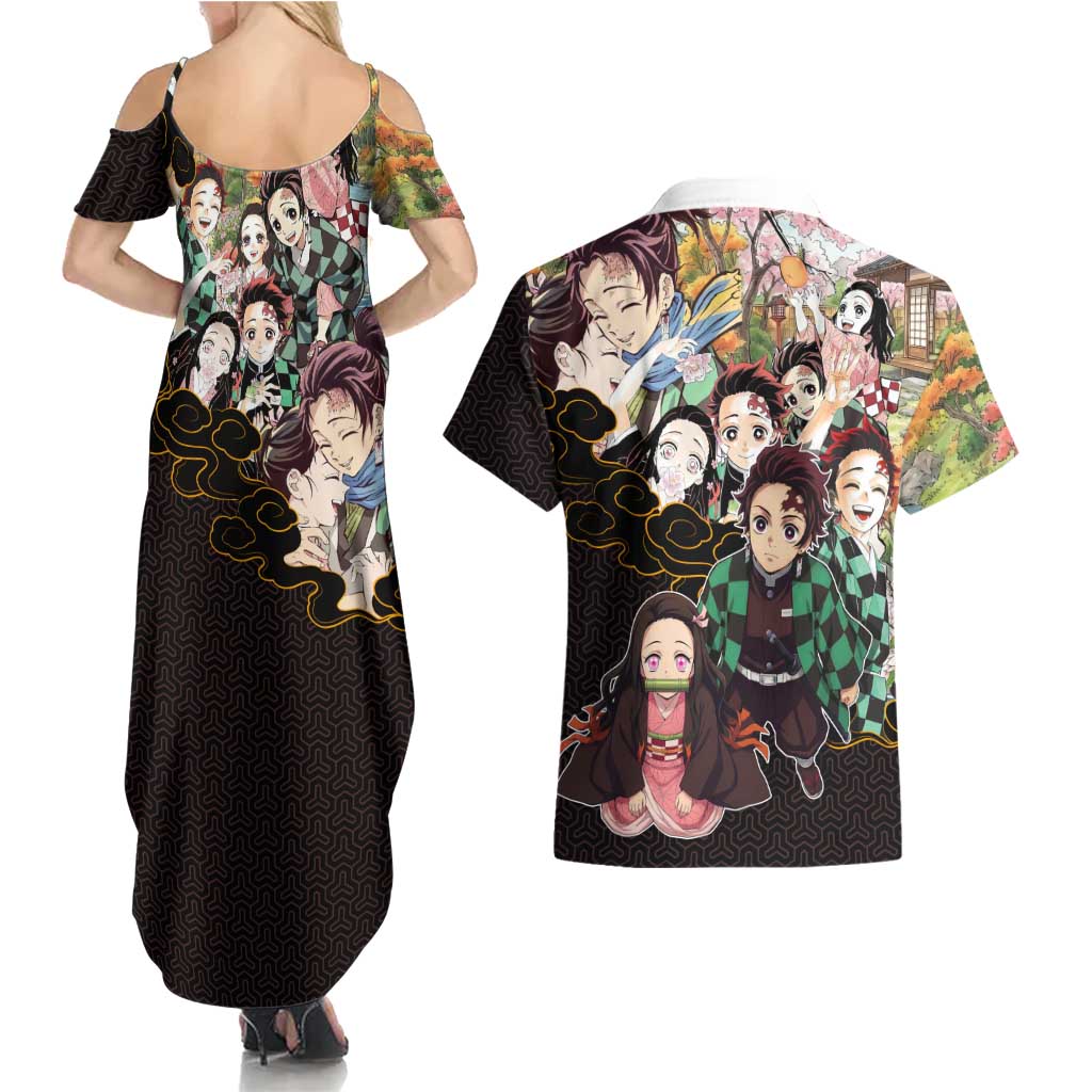 Kamado Siblings Demon Slayer Collage Design Couples Matching Summer Maxi Dress and Hawaiian Shirt with Tanjiro and Nezuko in Scenic Background - The Mazicc