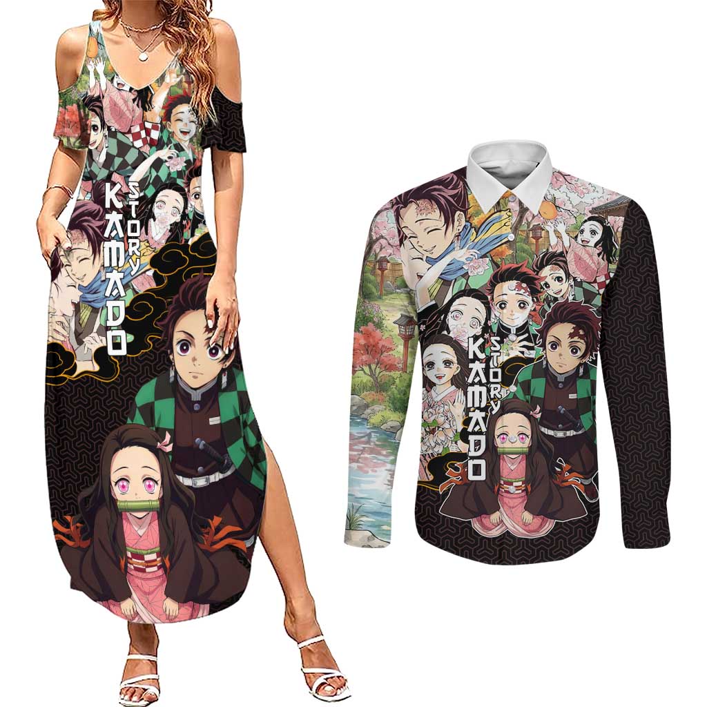 Kamado Siblings Demon Slayer Collage Design Couples Matching Summer Maxi Dress and Long Sleeve Button Shirt with Tanjiro and Nezuko in Scenic Background - The Mazicc