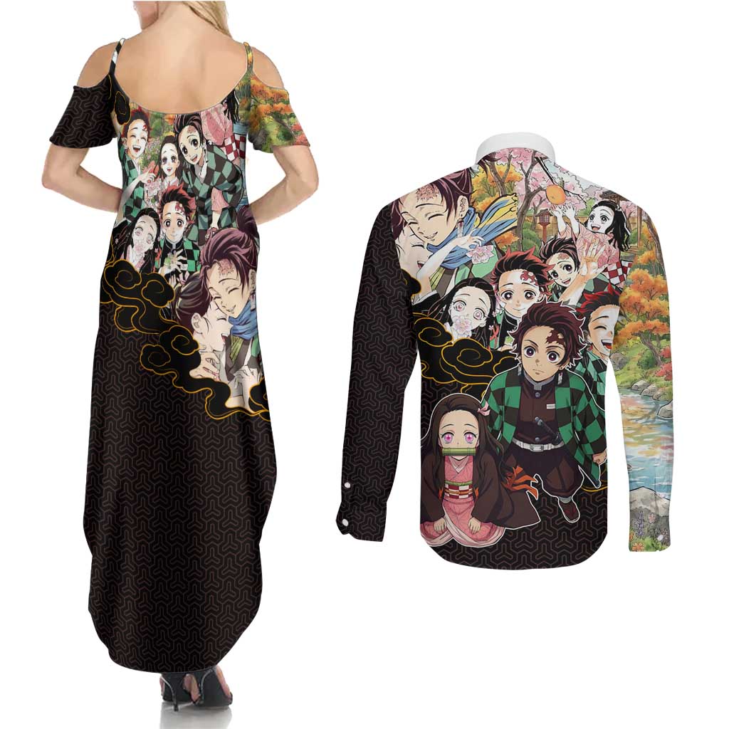 Kamado Siblings Demon Slayer Collage Design Couples Matching Summer Maxi Dress and Long Sleeve Button Shirt with Tanjiro and Nezuko in Scenic Background - The Mazicc