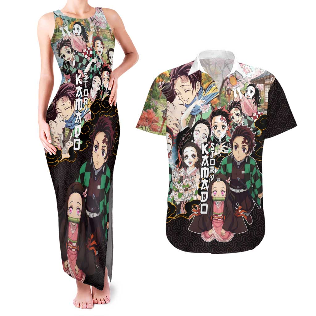 Kamado Siblings Demon Slayer Collage Design Couples Matching Tank Maxi Dress and Hawaiian Shirt with Tanjiro and Nezuko in Scenic Background - The Mazicc
