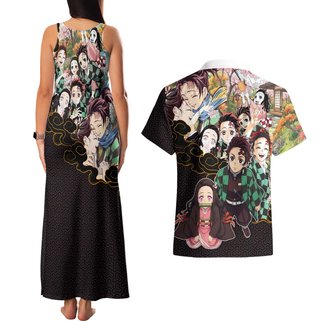 Kamado Siblings Demon Slayer Collage Design Couples Matching Tank Maxi Dress and Hawaiian Shirt with Tanjiro and Nezuko in Scenic Background - The Mazicc