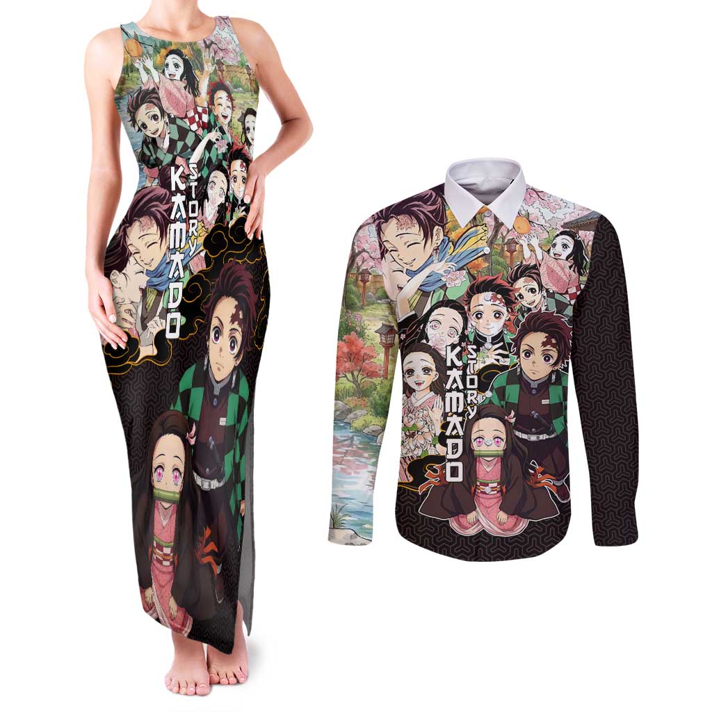 Kamado Siblings Demon Slayer Collage Design Couples Matching Tank Maxi Dress and Long Sleeve Button Shirt with Tanjiro and Nezuko in Scenic Background - The Mazicc