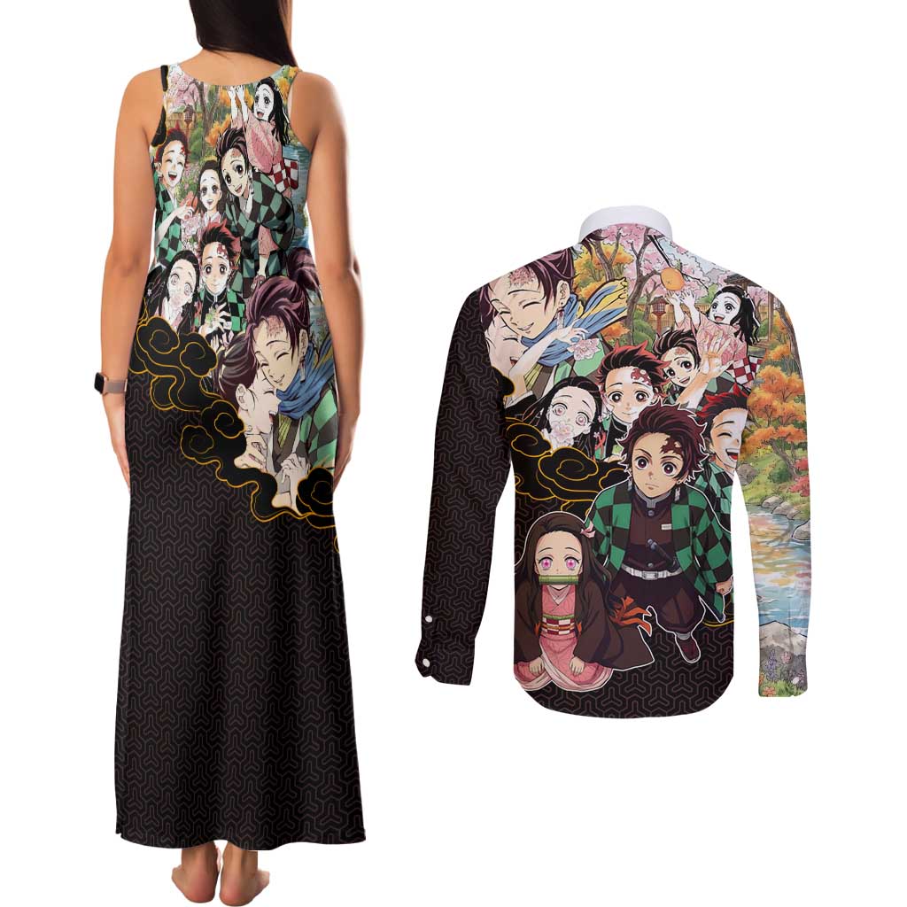 Kamado Siblings Demon Slayer Collage Design Couples Matching Tank Maxi Dress and Long Sleeve Button Shirt with Tanjiro and Nezuko in Scenic Background - The Mazicc