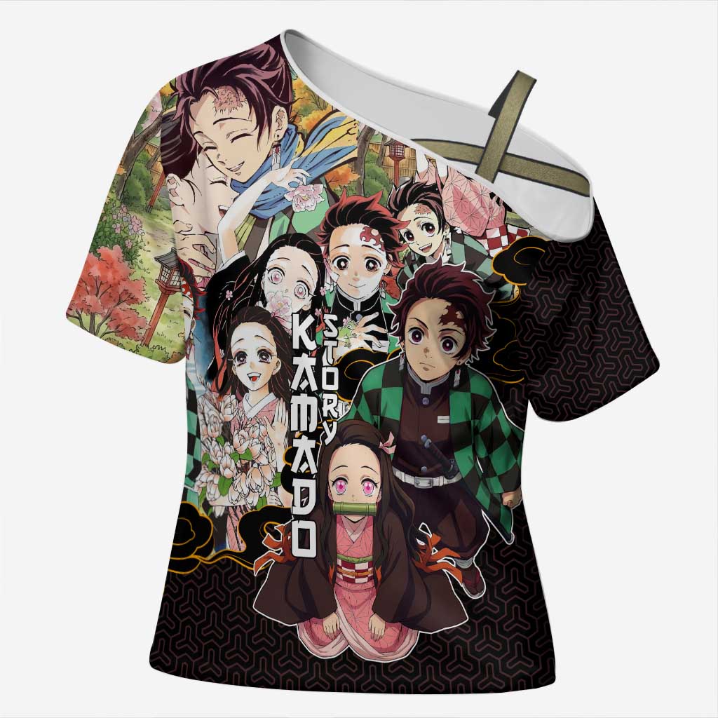 Kamado Siblings Demon Slayer Collage Design Cross Shoulder Shirt with Tanjiro and Nezuko in Scenic Background - The Mazicc