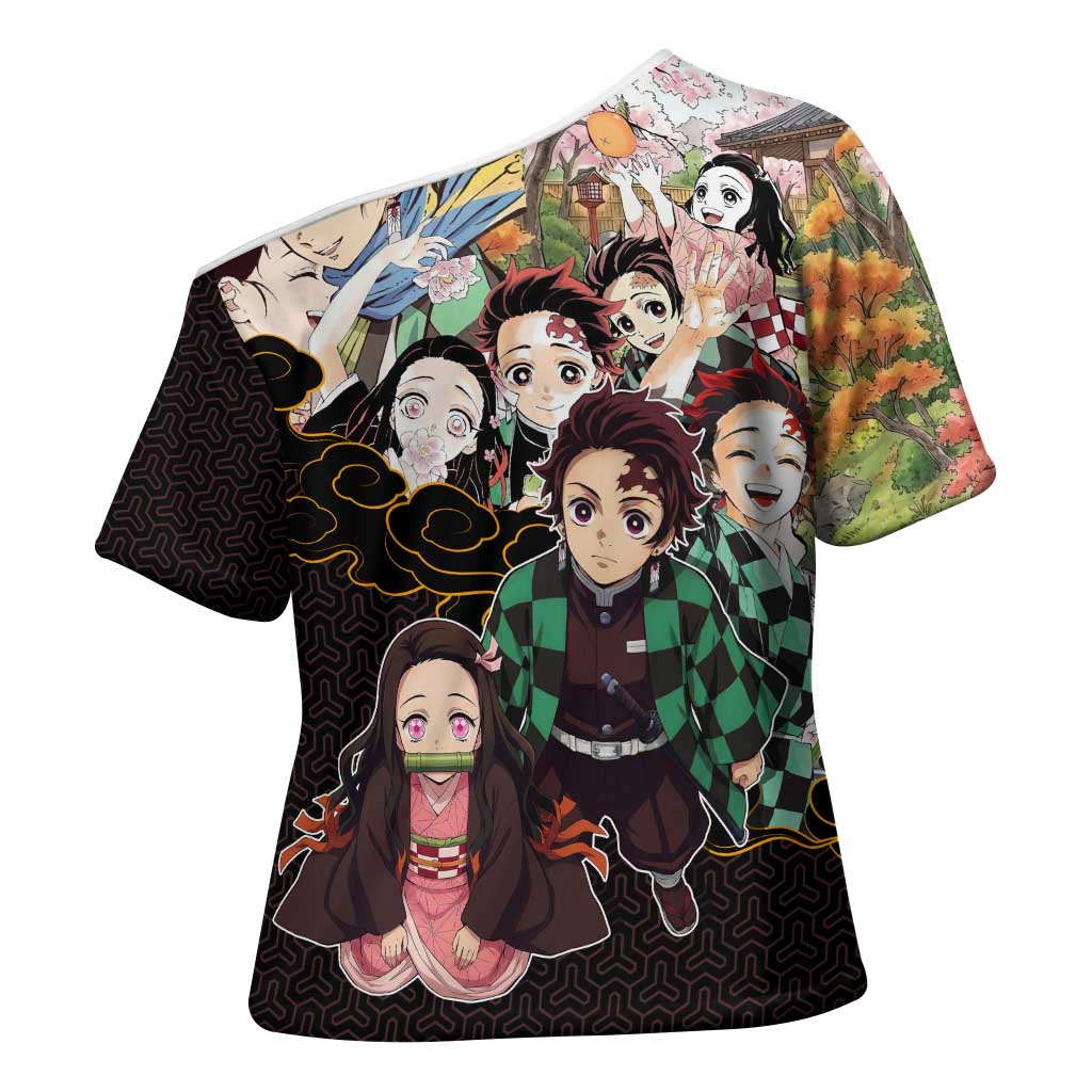 Kamado Siblings Demon Slayer Collage Design Cross Shoulder Shirt with Tanjiro and Nezuko in Scenic Background - The Mazicc