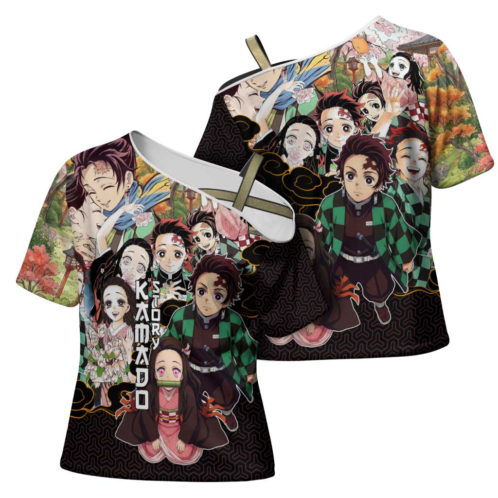 Kamado Siblings Demon Slayer Collage Design Cross Shoulder Shirt with Tanjiro and Nezuko in Scenic Background - The Mazicc