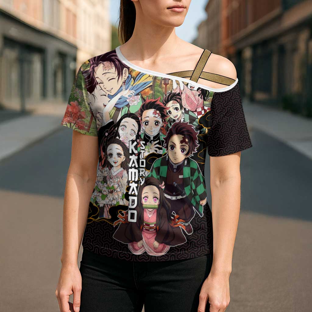 Kamado Siblings Demon Slayer Collage Design Cross Shoulder Shirt with Tanjiro and Nezuko in Scenic Background - The Mazicc