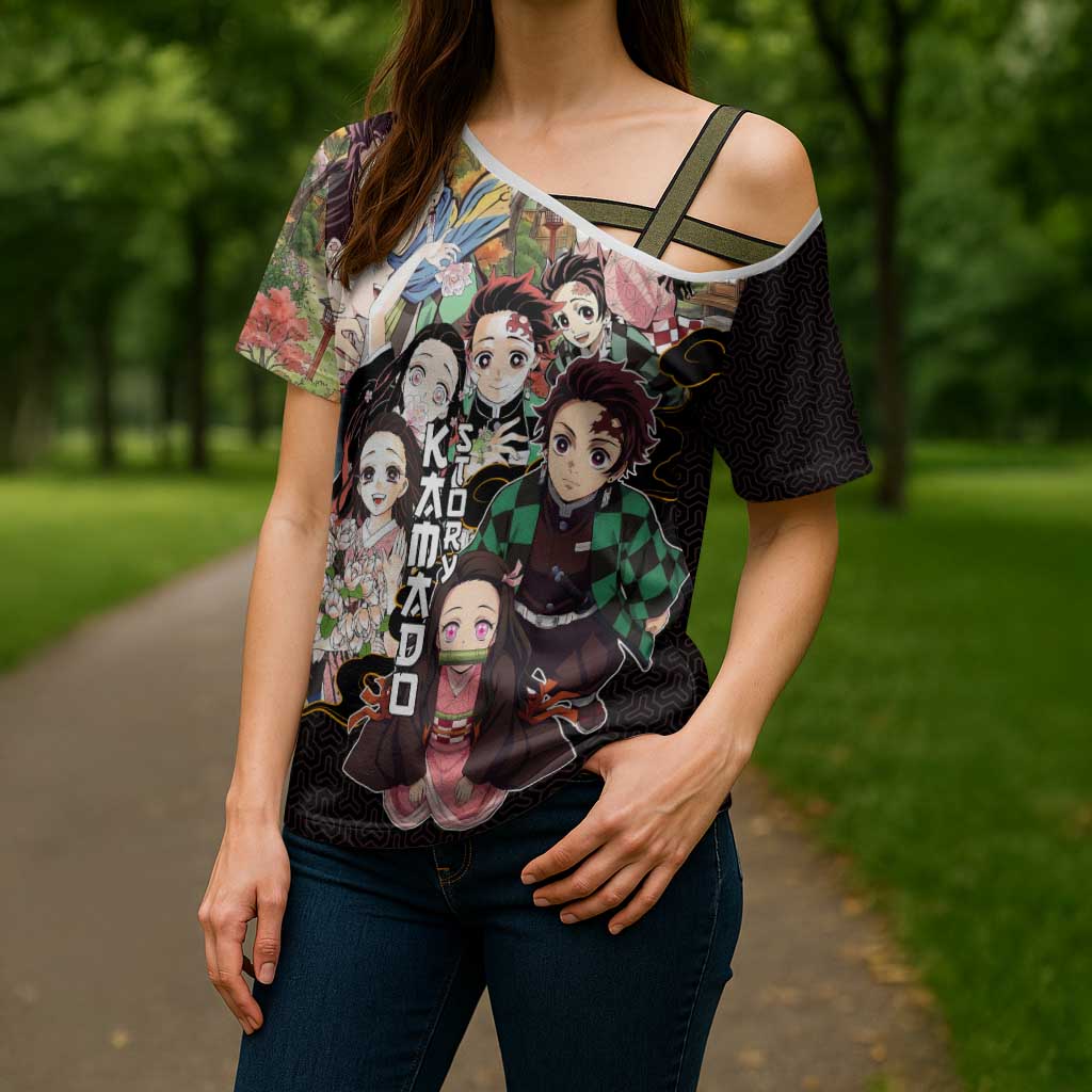 Kamado Siblings Demon Slayer Collage Design Cross Shoulder Shirt with Tanjiro and Nezuko in Scenic Background - The Mazicc
