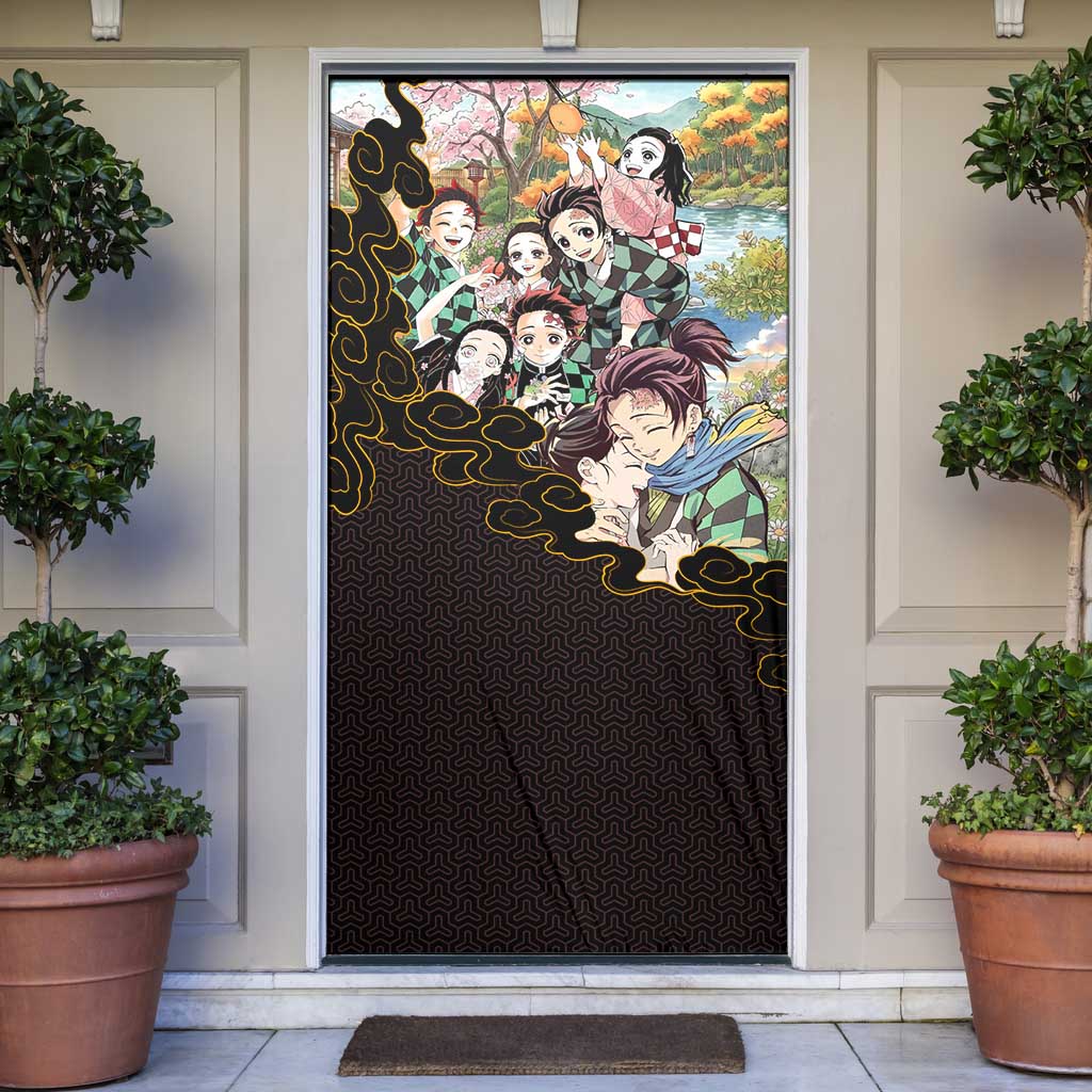 Kamado Siblings Demon Slayer Collage Design Door Cover with Tanjiro and Nezuko in Scenic Background - The Mazicc