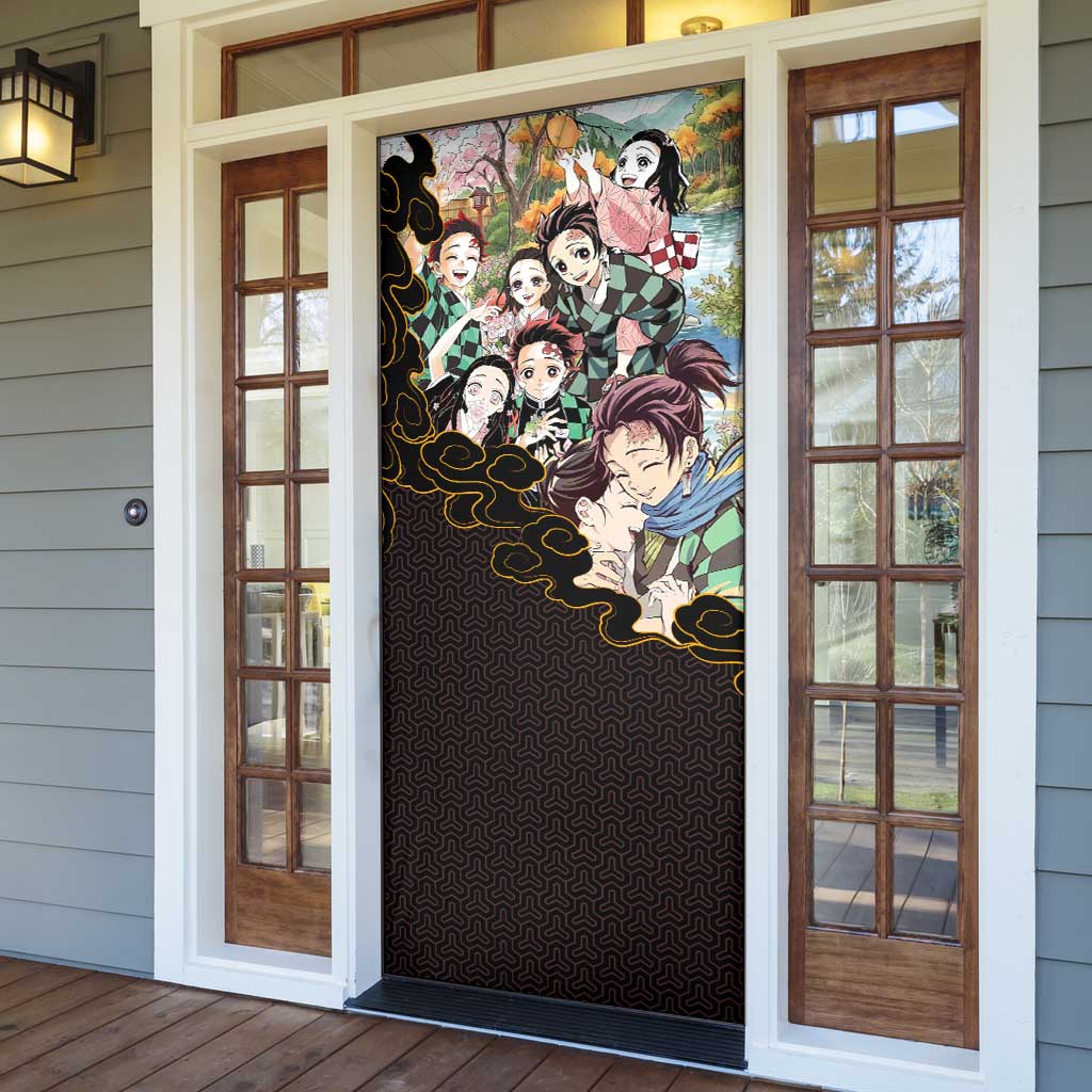 Kamado Siblings Demon Slayer Collage Design Door Cover with Tanjiro and Nezuko in Scenic Background - The Mazicc