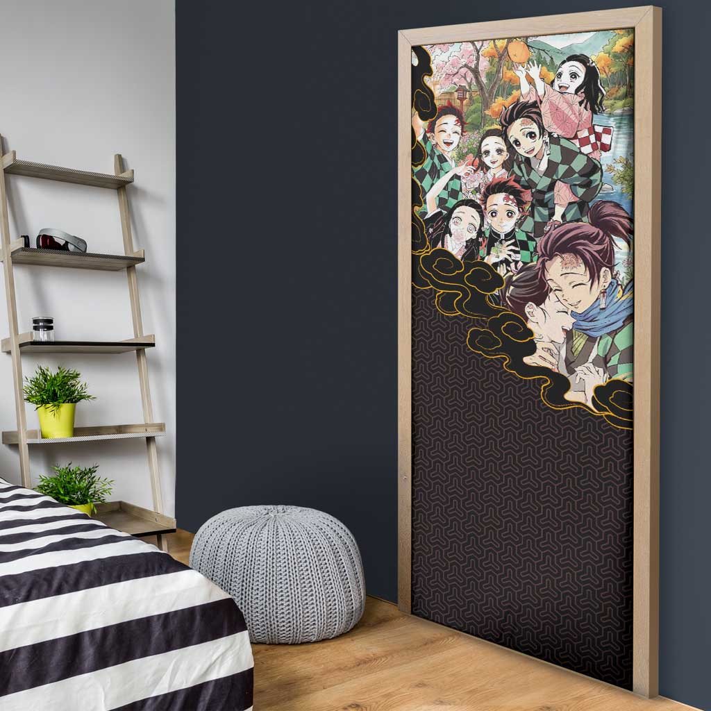 Kamado Siblings Demon Slayer Collage Design Door Cover with Tanjiro and Nezuko in Scenic Background - The Mazicc